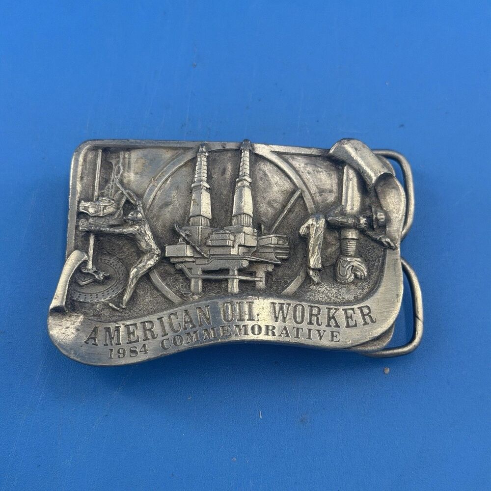 Vintage Belt Buckle 1984 Pewter American Oil Worker Commemorative Arroyo Grande